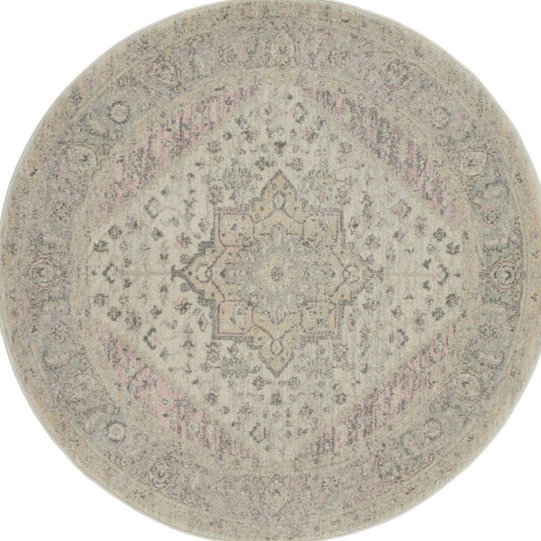 Homeroots 5' Floral Medallion Distressed Round Rug In Ivory Pink & Gray – Durable, Stain-resistant Comfort!  Polypropylene 552394
