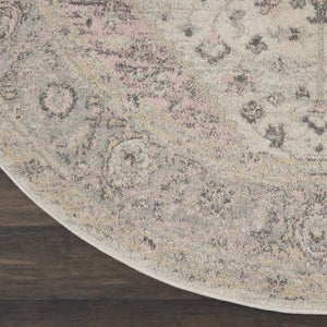 Homeroots 5' Floral Medallion Distressed Round Rug In Ivory Pink & Gray – Durable, Stain-resistant Comfort!  Polypropylene 552394