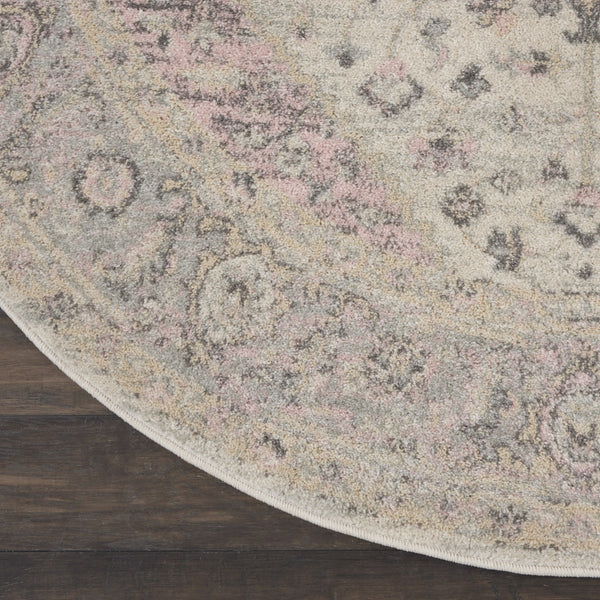 Homeroots 5' Floral Medallion Distressed Round Rug In Ivory Pink & Gray – Durable, Stain-resistant Comfort!  Polypropylene 552394