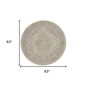 Homeroots 5' Floral Medallion Distressed Round Rug In Ivory Pink & Gray – Durable, Stain-resistant Comfort!  Polypropylene 552394