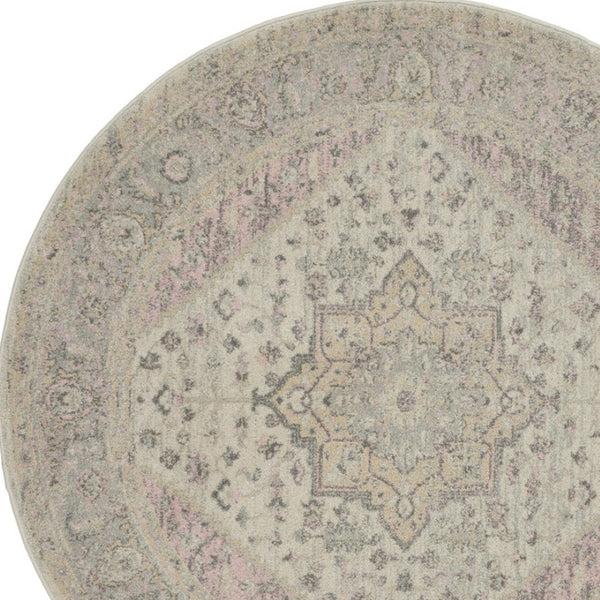 Homeroots 5' Floral Medallion Distressed Round Rug In Ivory Pink & Gray – Durable, Stain-resistant Comfort!  Polypropylene 552394