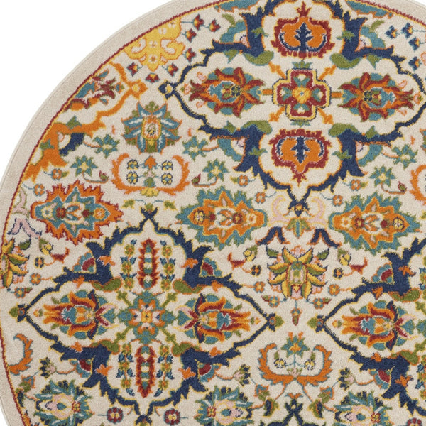 Homeroots 5' Ivory And Blue Round Floral Power Loom Area Rug  Polypropylene 552395