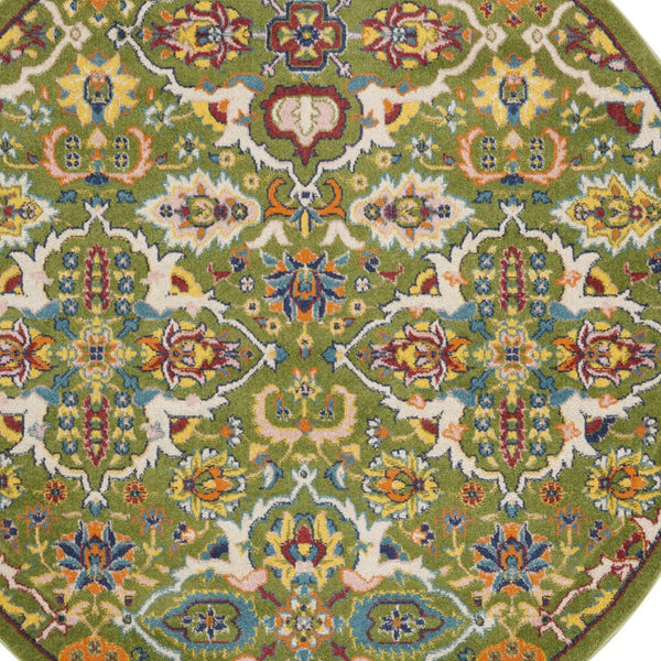 Homeroots 5' Green Yellow Blue And Red Round Floral Power Loom Area Rug  Polypropylene 552397