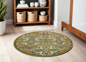 Homeroots 5' Green Yellow Blue And Red Round Floral Power Loom Area Rug  Polypropylene 552397