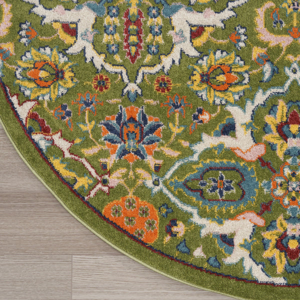Homeroots 5' Green Yellow Blue And Red Round Floral Power Loom Area Rug  Polypropylene 552397