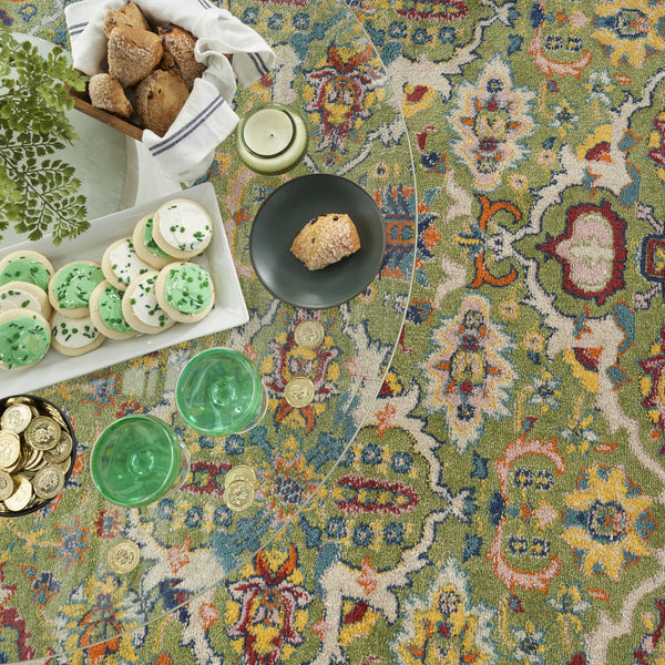 Homeroots 5' Green Yellow Blue And Red Round Floral Power Loom Area Rug  Polypropylene 552397