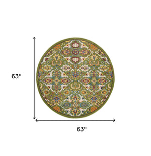 Homeroots 5' Green Yellow Blue And Red Round Floral Power Loom Area Rug  Polypropylene 552397