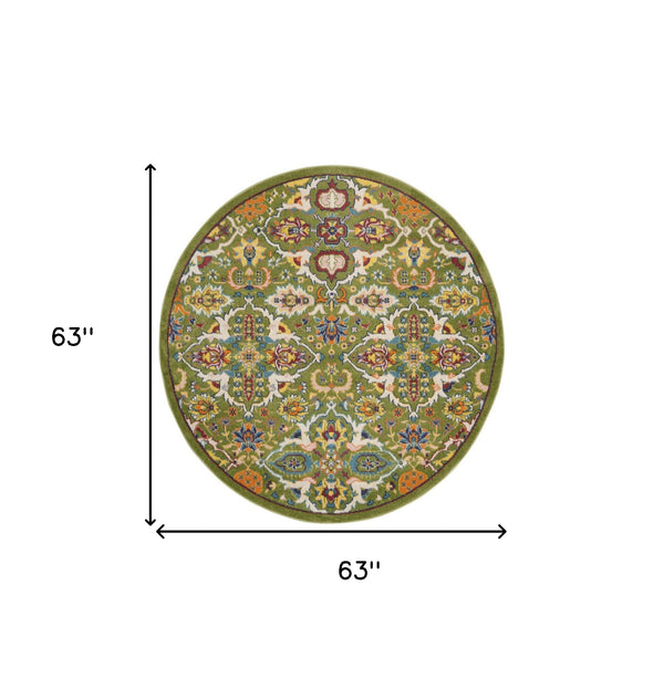 Homeroots 5' Green Yellow Blue And Red Round Floral Power Loom Area Rug  Polypropylene 552397