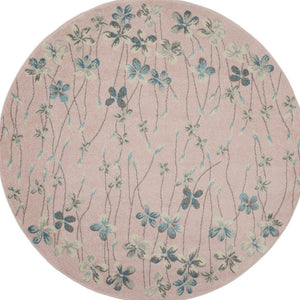 Homeroots 5' Botanical Leaves Round Rug In Pink, Gray & Blue - Stain Resistant, Durable & Stylish For Any Room  Polypropylene 552398