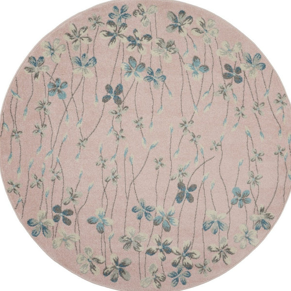 Homeroots 5' Botanical Leaves Round Rug In Pink, Gray & Blue - Stain Resistant, Durable & Stylish For Any Room  Polypropylene 552398