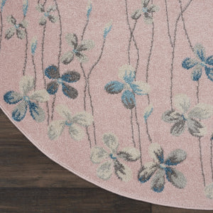 Homeroots 5' Botanical Leaves Round Rug In Pink, Gray & Blue - Stain Resistant, Durable & Stylish For Any Room  Polypropylene 552398