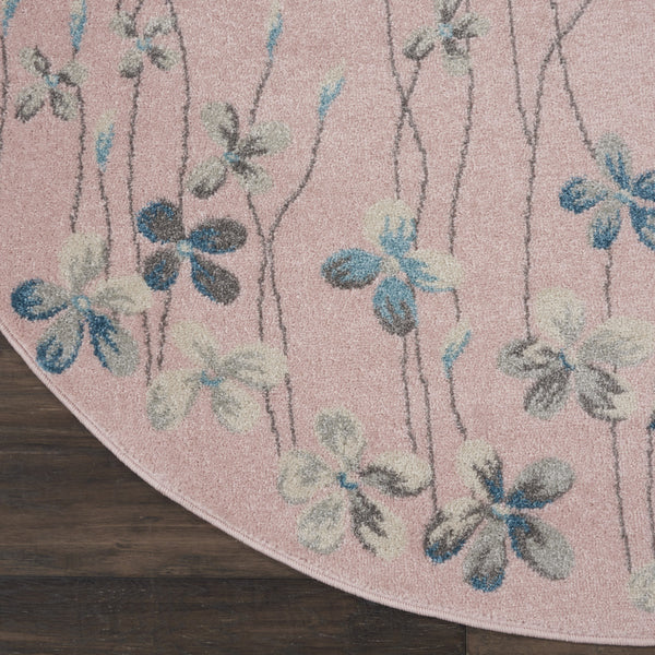 Homeroots 5' Botanical Leaves Round Rug In Pink, Gray & Blue - Stain Resistant, Durable & Stylish For Any Room  Polypropylene 552398
