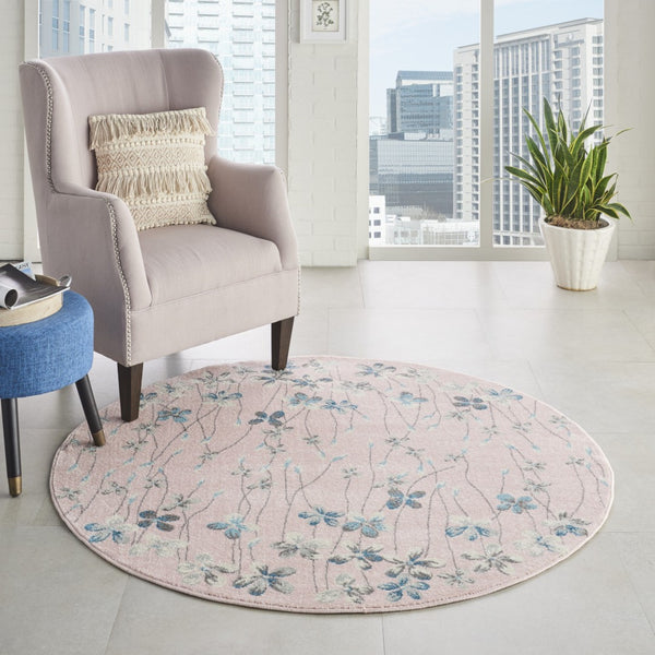 Homeroots 5' Botanical Leaves Round Rug In Pink, Gray & Blue - Stain Resistant, Durable & Stylish For Any Room  Polypropylene 552398