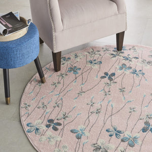 Homeroots 5' Botanical Leaves Round Rug In Pink, Gray & Blue - Stain Resistant, Durable & Stylish For Any Room  Polypropylene 552398