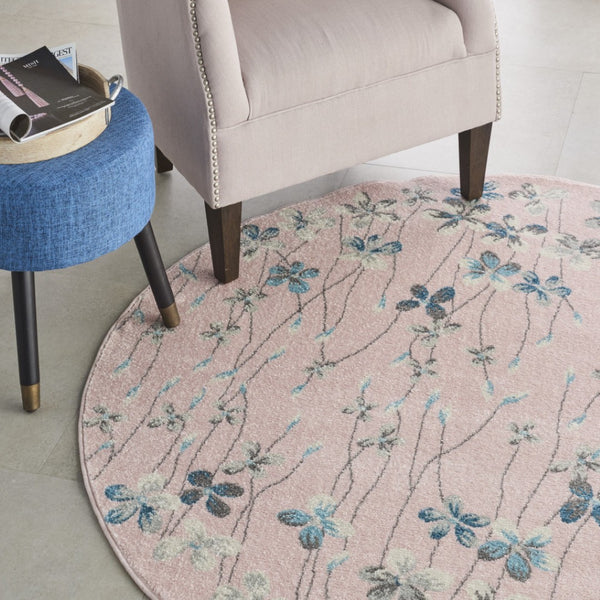 Homeroots 5' Botanical Leaves Round Rug In Pink, Gray & Blue - Stain Resistant, Durable & Stylish For Any Room  Polypropylene 552398