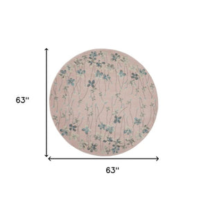 Homeroots 5' Botanical Leaves Round Rug In Pink, Gray & Blue - Stain Resistant, Durable & Stylish For Any Room  Polypropylene 552398