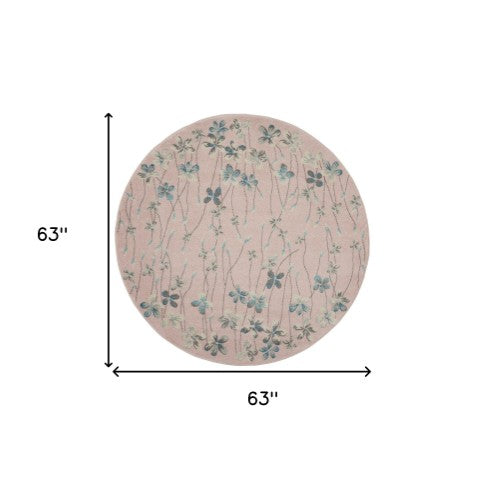 Homeroots 5' Botanical Leaves Round Rug In Pink, Gray & Blue - Stain Resistant, Durable & Stylish For Any Room  Polypropylene 552398