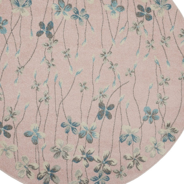 Homeroots 5' Botanical Leaves Round Rug In Pink, Gray & Blue - Stain Resistant, Durable & Stylish For Any Room  Polypropylene 552398