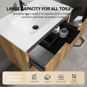 English Elm 30 Inch Floating Bathroom Vanity Fluted Wood Grain Front with Ceramic Integrated Sink W3520S00044