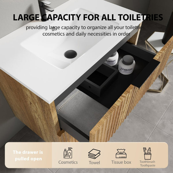 English Elm 30 Inch Floating Bathroom Vanity Fluted Wood Grain Front with Ceramic Integrated Sink W3520S00044