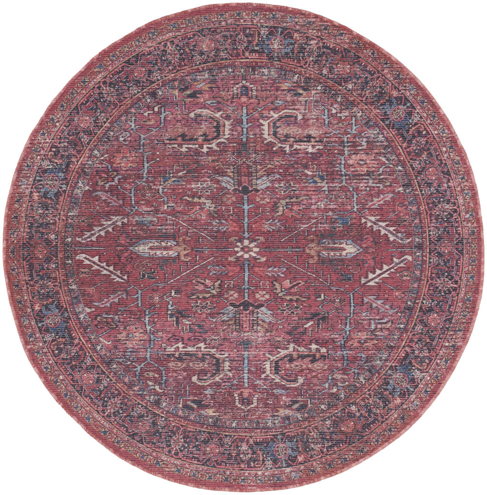 Homeroots 5' Red Round Floral Power Loom Distressed Area Rug  Cotton Blend 552399