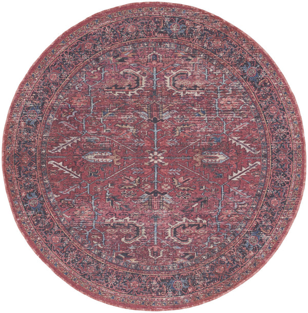 Homeroots 5' Red Round Floral Power Loom Distressed Area Rug  Cotton Blend 552399