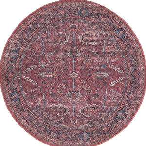 Homeroots 5' Red Round Floral Power Loom Distressed Area Rug  Cotton Blend 552399