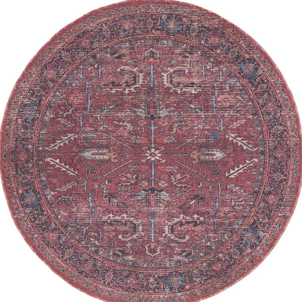 Homeroots 5' Red Round Floral Power Loom Distressed Area Rug  Cotton Blend 552399