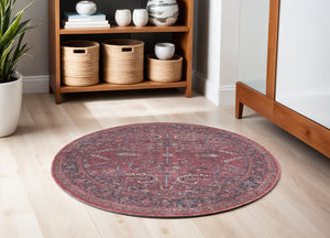 Homeroots 5' Red Round Floral Power Loom Distressed Area Rug  Cotton Blend 552399