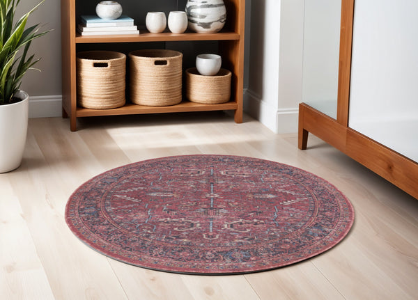 Homeroots 5' Red Round Floral Power Loom Distressed Area Rug  Cotton Blend 552399