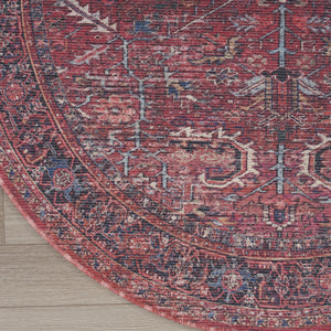 Homeroots 5' Red Round Floral Power Loom Distressed Area Rug  Cotton Blend 552399