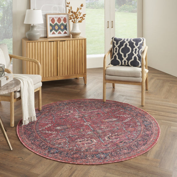 HomeRoots 5' Red Floral Distressed Area Rug - Stylish Power Loomed Design for Modern and Classic Spaces 5' Round 552399