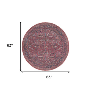 Homeroots 5' Red Round Floral Power Loom Distressed Area Rug  Cotton Blend 552399
