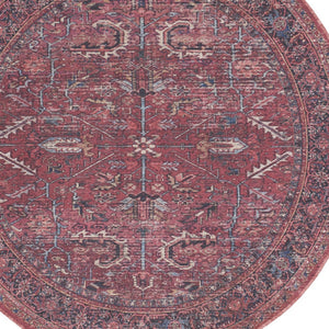 Homeroots 5' Red Round Floral Power Loom Distressed Area Rug  Cotton Blend 552399