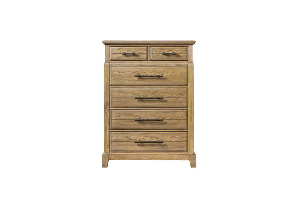 English Elm 6-Drawer Chest Caramel Finish with Elm Veneer, Industrial Metal Pulls, Framed Fronts & Tapered Feet B2699P353073