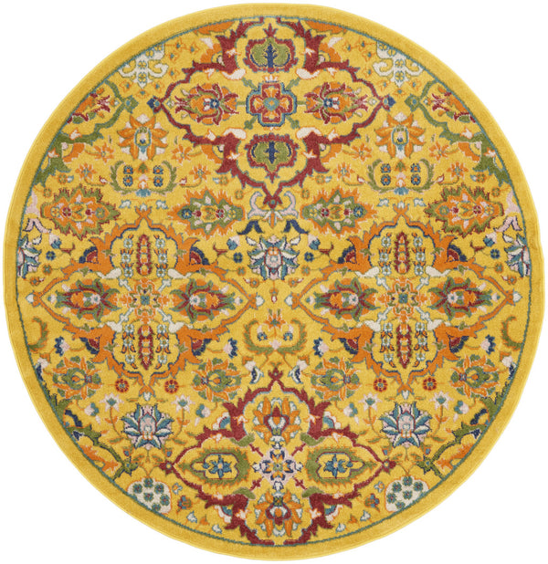 Homeroots 5' Yellow Round Floral Power Loom Area Rug  Polypropylene 552401