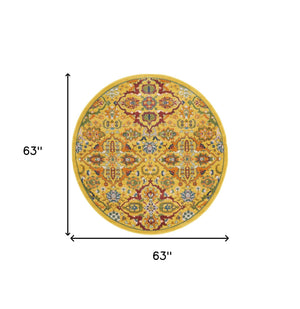 Homeroots 5' Yellow Round Floral Power Loom Area Rug  Polypropylene 552401