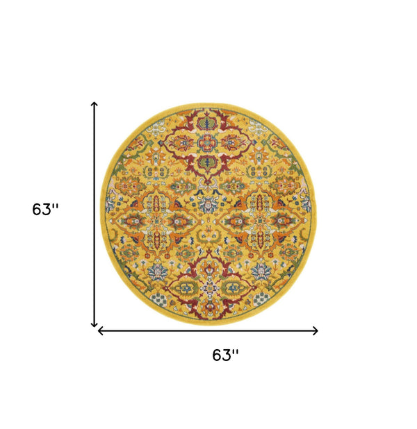 Homeroots 5' Yellow Round Floral Power Loom Area Rug  Polypropylene 552401