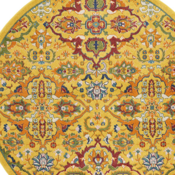 Homeroots 5' Yellow Round Floral Power Loom Area Rug  Polypropylene 552401