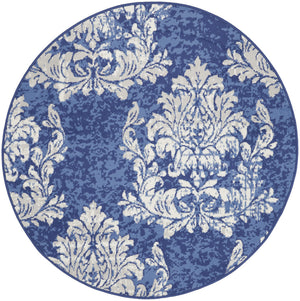 Homeroots 5' Navy Blue And Ivory Damask Distressed Round Rug  Polypropylene 552412