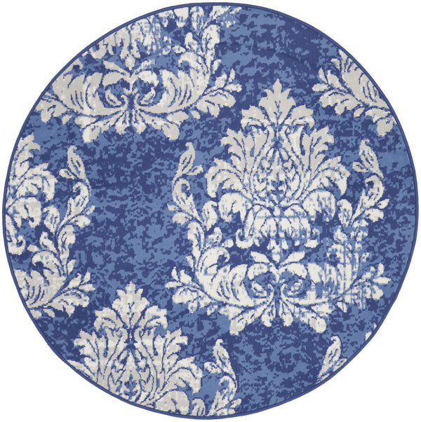Homeroots 5' Navy Blue And Ivory Damask Distressed Round Rug  Polypropylene 552412
