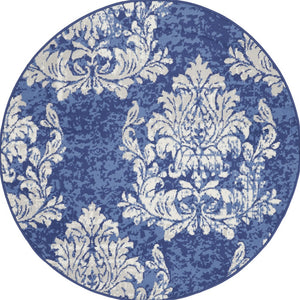 Homeroots 5' Navy Blue And Ivory Damask Distressed Round Rug  Polypropylene 552412