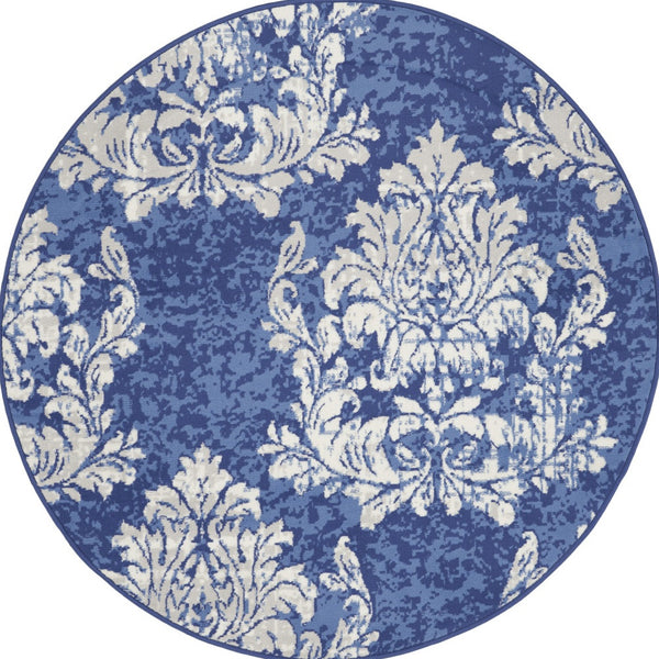 Homeroots 5' Navy Blue And Ivory Damask Distressed Round Rug  Polypropylene 552412