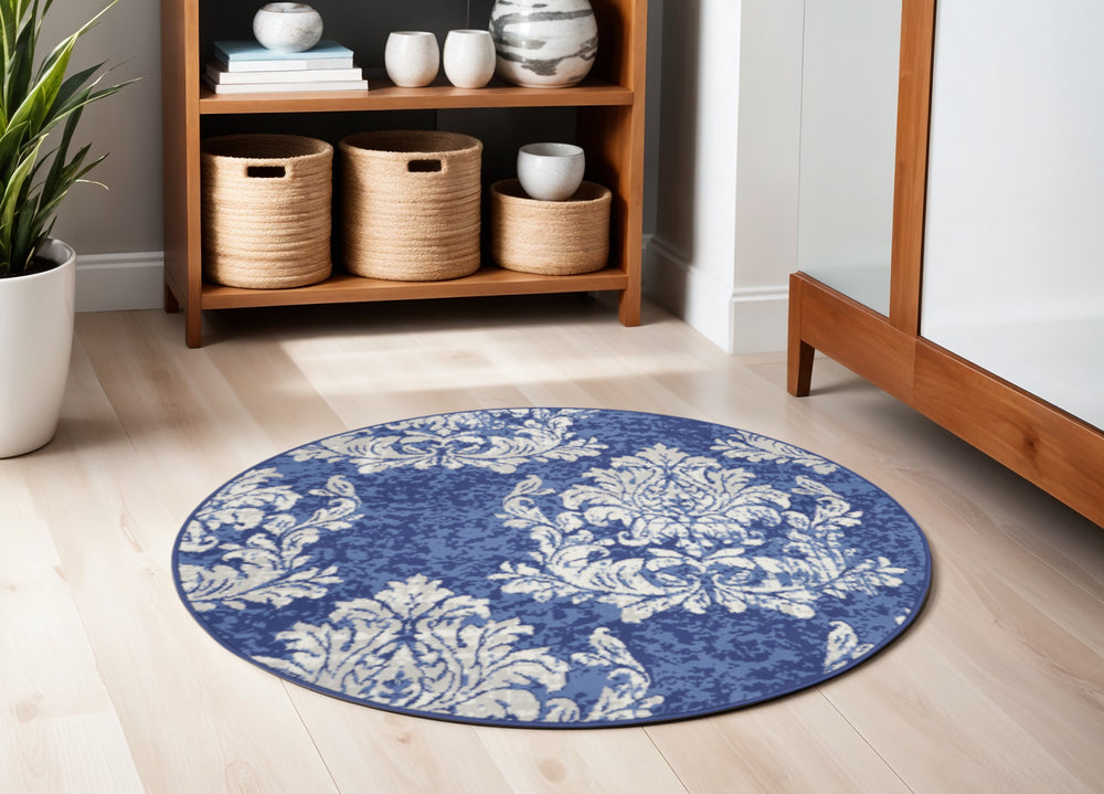 Homeroots 5' Navy Blue And Ivory Damask Distressed Round Rug  Polypropylene 552412