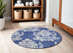 Homeroots 5' Navy Blue And Ivory Damask Distressed Round Rug  Polypropylene 552412