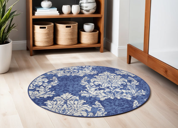 Homeroots 5' Navy Blue And Ivory Damask Distressed Round Rug  Polypropylene 552412