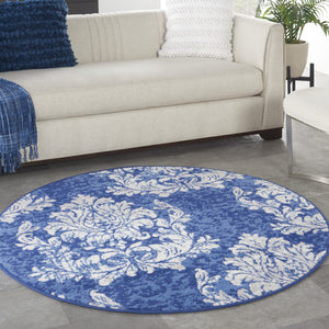 Homeroots 5' Navy Blue And Ivory Damask Distressed Round Rug  Polypropylene 552412