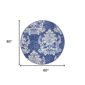Homeroots 5' Navy Blue And Ivory Damask Distressed Round Rug  Polypropylene 552412