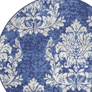 Homeroots 5' Navy Blue And Ivory Damask Distressed Round Rug  Polypropylene 552412