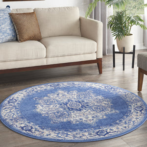 Homeroots 5' Ivory Navy Blue And Beige Floral Medallion Round Rug  Polypropylene 552415